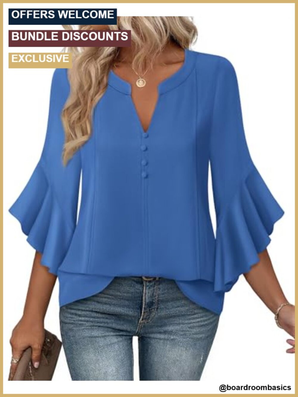 Chiffon Henley V Neck Ruffle 3/4 Sleeve Blouse Button Down Tunic
